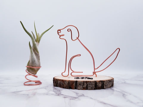 Wire sculpture of sitting Labrador retriever, golden retriever