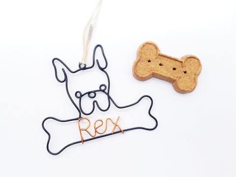 Wire French bulldog ornament / name sign with bone