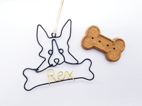 Wire border collie ornament / name sign with bone