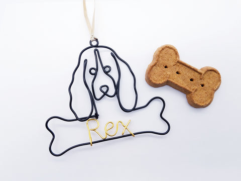 Wire English springer spaniel ornament / name sign with bone