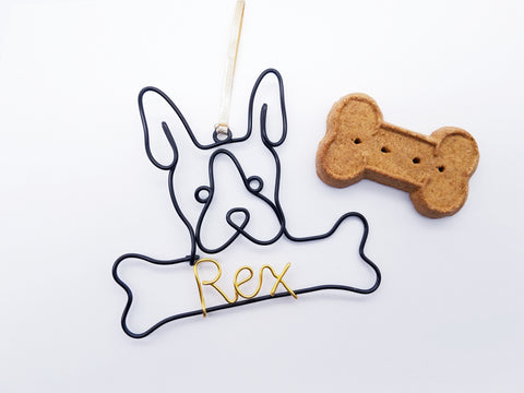Wire Boston terrier ornament / name sign with bone