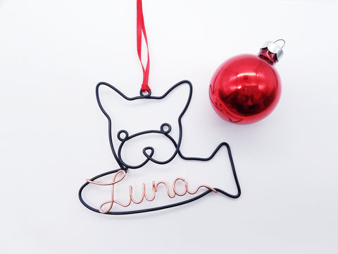 Wire British Shorthair cat ornament / name sign with fish