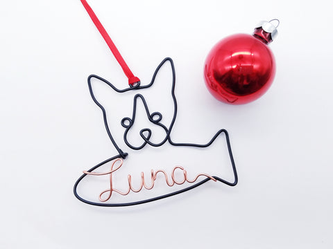 Wire snowshoe cat ornament / name sign with fish
