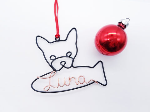 Wire Abyssinian cat ornament / name sign with fish