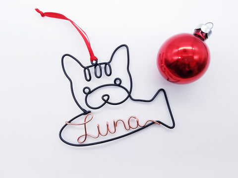 Wire Tabby cat ornament / name sign with fish