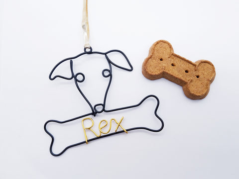 Wire Greyhound / Whippet ornament / name sign with bone